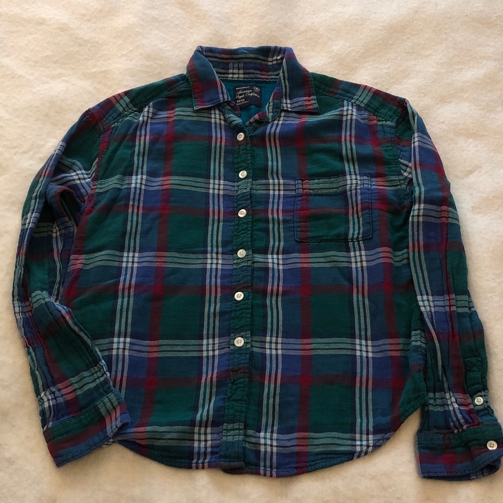 American Eagle Plaid Button Down Shirt Green Blue Red Boyfriend Fit XS Preppy